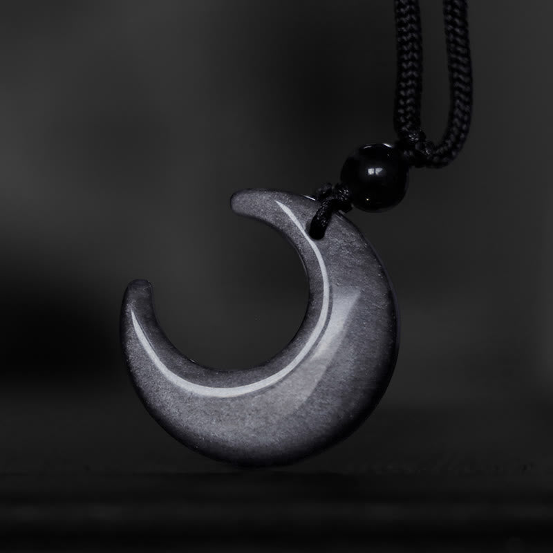 Buddha Stones Natural Silver Sheen Obsidian Selenite Crystal Crescent Moon Yin Yang Couple Protection Necklace Pendant - image 5