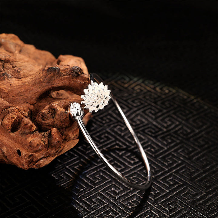 Buddha Stones Retro Lotus White Copper Enlightenment Bracelet Bangle - Silver Lotus - image 3