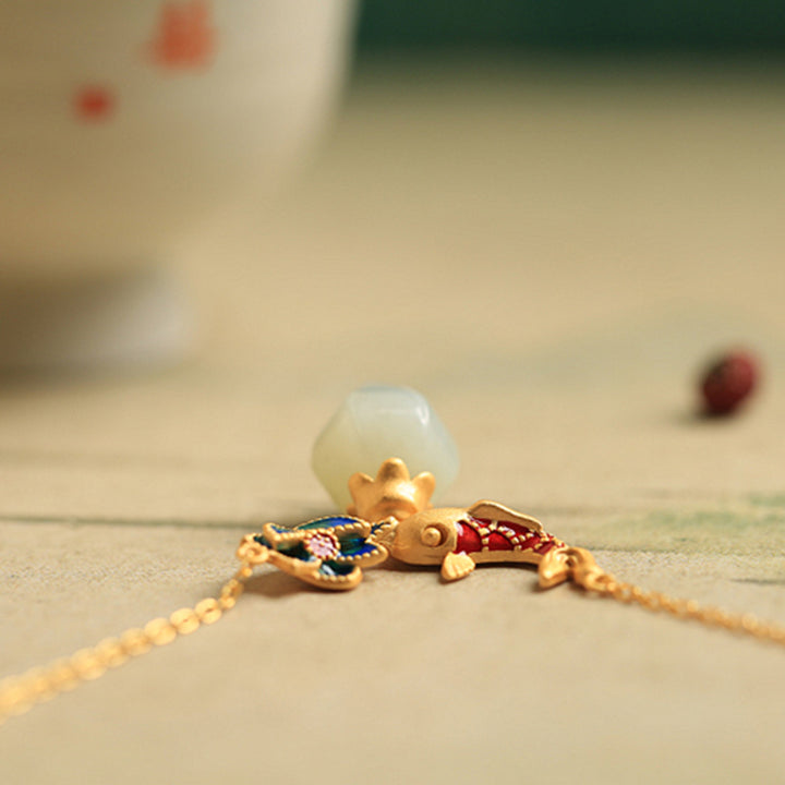 Buddha Stones 925 Sterling Silver White Jade Koi Fish Lotus Protection Necklace Pendant - image 8