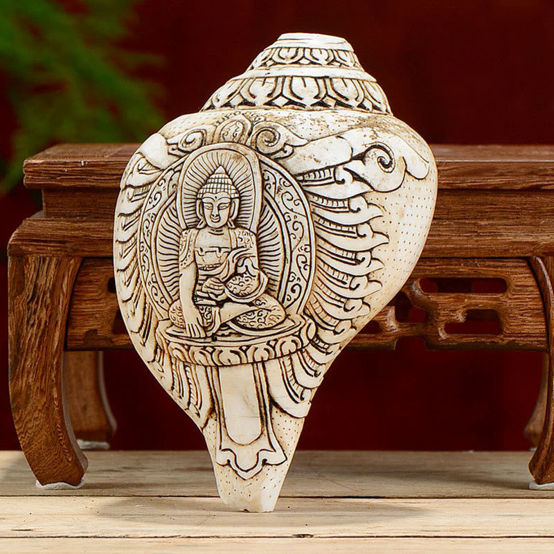 Tibetan Handmade Engraved Shankha Buddha Avalokitesvara Conch Shell Wealth Decoration - image 0