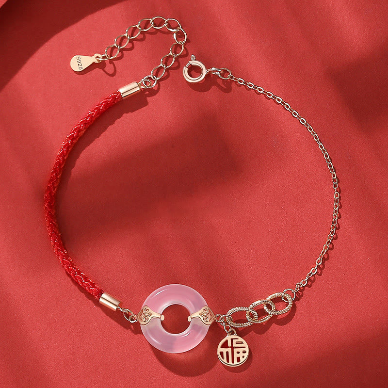 Buddha Stones 925 Sterling Silver Peace Buckle Chalcedony Fu Character Harmony Bracelet - 17+4cm - image 0