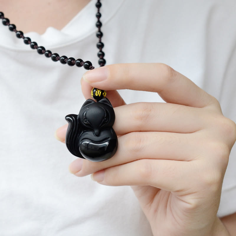 Buddha Stones Natural Black Obsidian Tiger Eye Ice Obsidian Fox Pendant Amulet Necklace - image 5