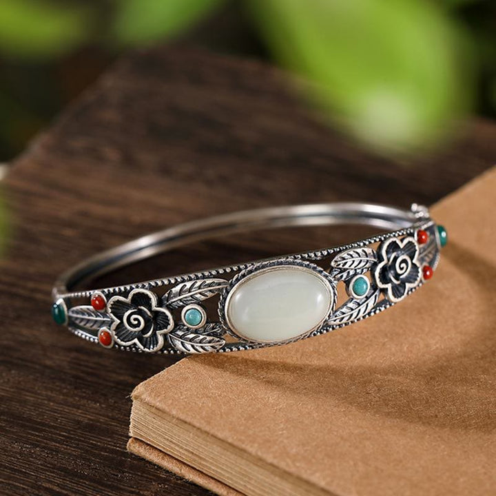 Buddha Stones Cyan Jade White Jade Flower Leaf Harmony Luck Bracelet Bangle - image 10