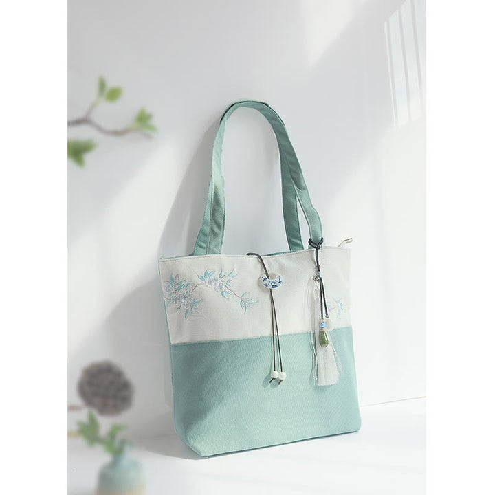 Buddha Stones Pear Flower Plum Peach Blossom Bamboo Embroidery Canvas Large Capacity Shoulder Bag Tote Bag - image 4