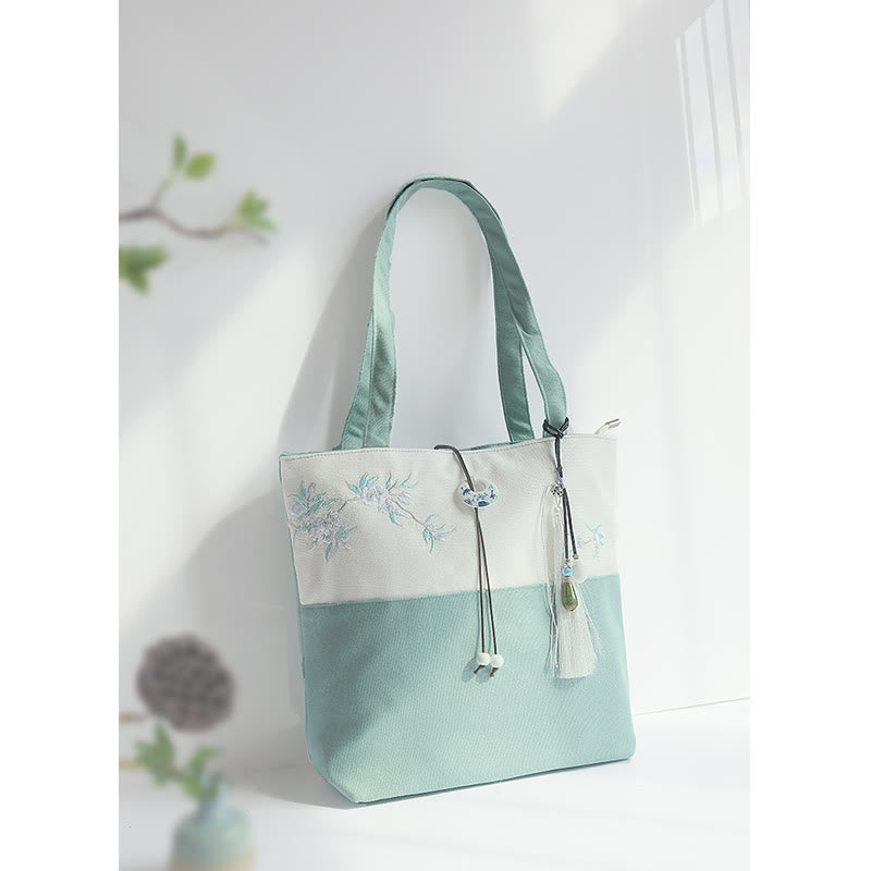 Buddha Stones Pear Flower Plum Peach Blossom Bamboo Embroidery Canvas Large Capacity Shoulder Bag Tote Bag - image 3