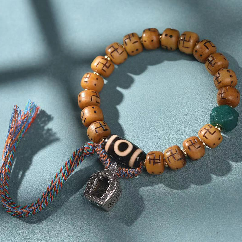 Buddha Stones Natural Tibetan Camel Bone Swastika Dzi Bead Shankha Buddha Charm Kirtimukha Luck Protection Tassel Bracelet - Camel Bone&Dzi Bead(Wrist Circumference 15-16cm) - image 0