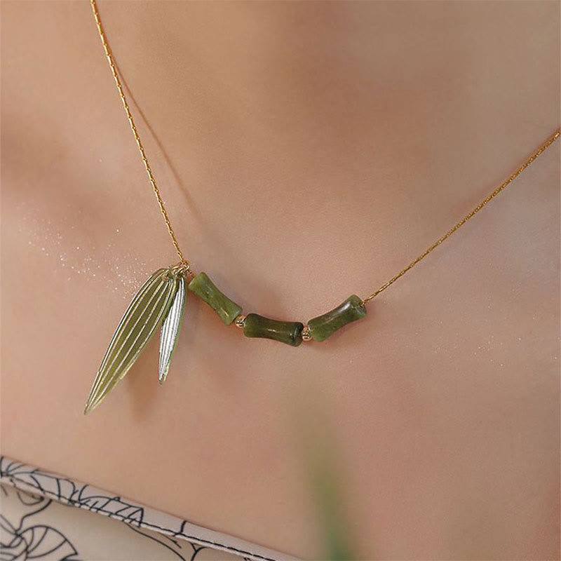 Buddha Stones Bamboo Leaf Jade Design Wealth Necklace Pendant - Jade(Prosperity♥Abundance) - image 0