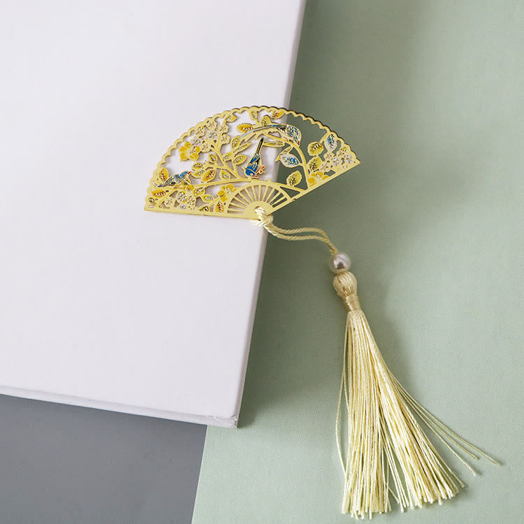 Buddha Stones Traditional Butterfly Lotus Flower Crane Dragon Phoenix Fox Koi Fish New Beginning Metal Brass Hollow Fan Bookmarks - Forest Bird - image 10