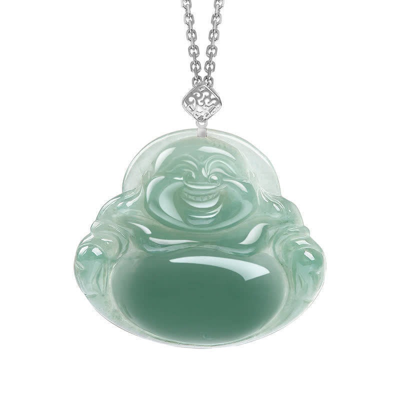 Buddha Stones Laughing Buddha Natural Jade Prosperity Abundance Necklace Pendant - Silver - image 4