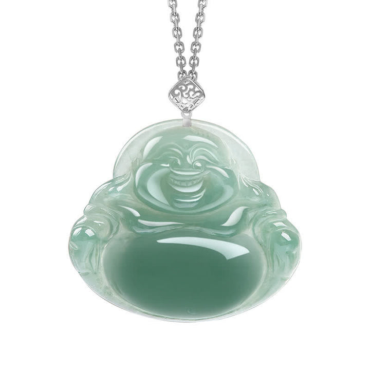 Buddha Stones Laughing Buddha Natural Jade Prosperity Abundance Necklace Pendant - Silver - image 4
