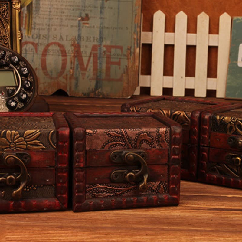 Buddha Stones Retro Small Square Wood Jewelry Box Lotus Grass Flower Grape Copper Coin Daffodil Jewelry Storage Box - image 28