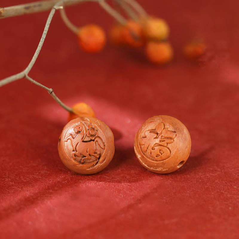 Buddha Stones Natural Peach Wood Chinese Zodiac Fu Character Carved Cinnabar Wealth Bracelet - image 20