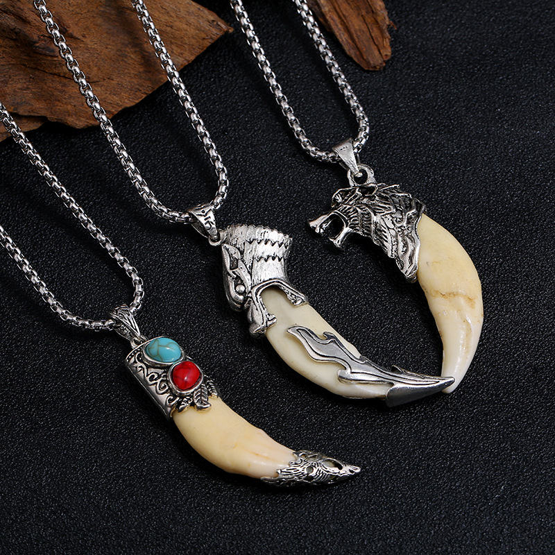 Buddha Stones Imitation Wolf Tooth Titanium Steel Balance Necklace Pendant - image 2