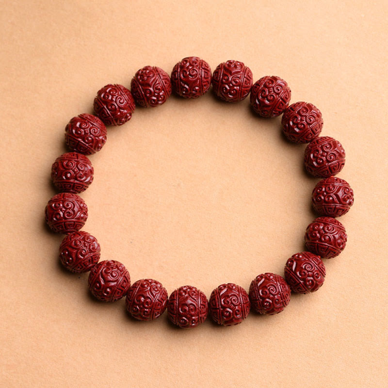 Buddha Stones Natural Cinnabar Om Mani Padme Hum Fret Pattern Lotus Blessing Bracelet - Fret Pattern - 10mm(19 Beads) - image 0