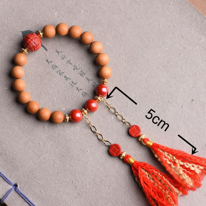 Buddha Stones Tibetan Natural Peach Wood Cinnabar PiXiu Wealth Tassels Bracelet - image 8