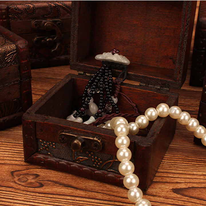 Buddha Stones Retro Small Square Wood Jewelry Box Lotus Grass Flower Grape Copper Coin Daffodil Jewelry Storage Box - image 15