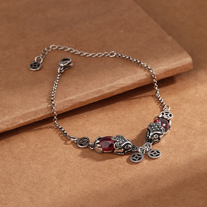 Buddha Stones Garnet Double PiXiu Copper Coin Protection Chain Bracelet - image 1
