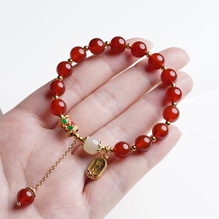 Buddha Stones Natural Red Agate Hetian Jade Fu Character Confidence Charm Bracelet - image 7