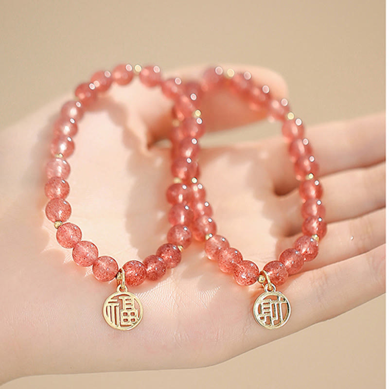 Buddha Stones 14K Gold Plated Strawberry Quartz Fu Character Healing Charm Bracelet - image 9