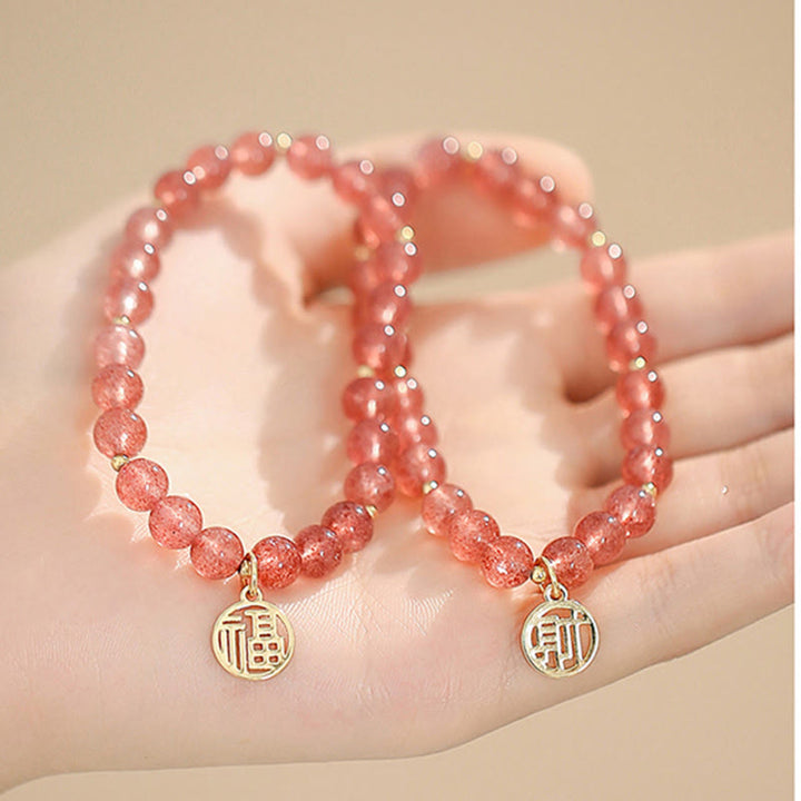Buddha Stones 14K Gold Plated Strawberry Quartz Fu Character Healing Charm Bracelet - image 9