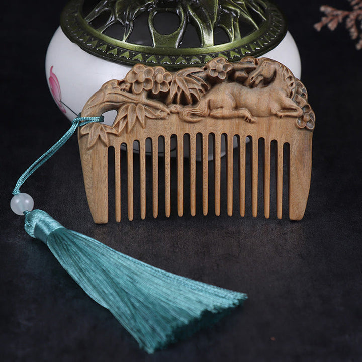 Green Sandalwood Fox Peony Flower Lotus Engraved Cure Tassel Comb - image 4
