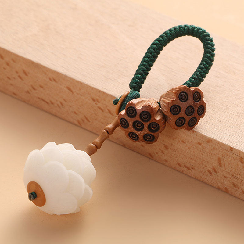 Buddha Stones Lotus Natural White Bodhi Seed Peach Wood Luck Keychain Decoration - image 1