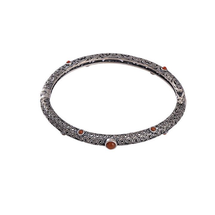 Vintage Tang Dynasty Flower Design Engraved Red Agate Copper Luck Bracelet Bangle - image 14