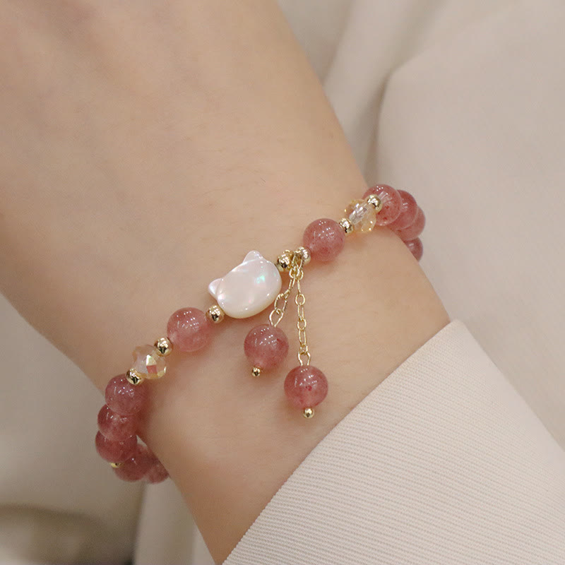 Buddha Stones Natural Strawberry Quartz Morganite Tridacna Stone Cat Love Bracelet - Strawberry Quartz Tridacna Stone Cat(Wrist Circumference 12-14cm) - image 0