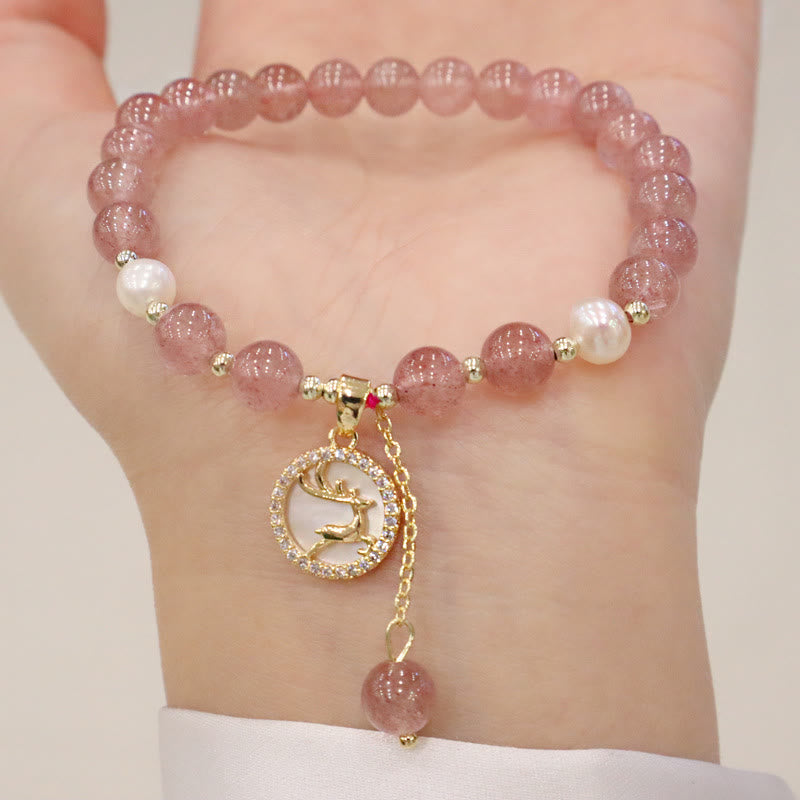 Buddha Stones Strawberry Quartz Pearl Elk Smiley Face Fishtail Fu Character Charm Healing Bracelet - image 4