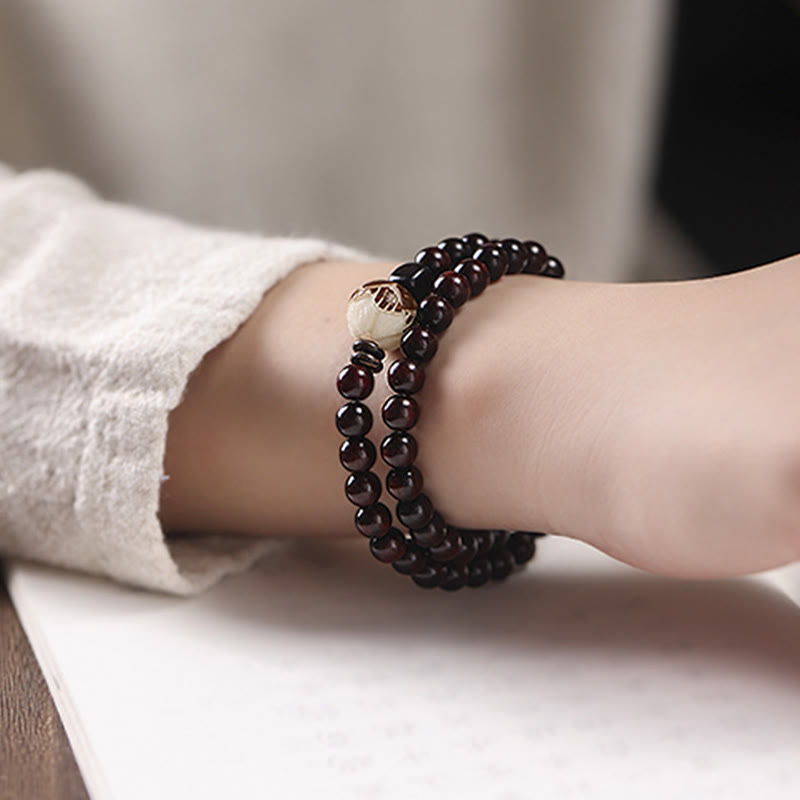 Buddha Stones Small Leaf Red Sandalwood Lotus Bodhi Seed Carved Protection Double Wrap Bracelet - Small Leaf Red Sandalwood Double Wrap Bracelet - image 0
