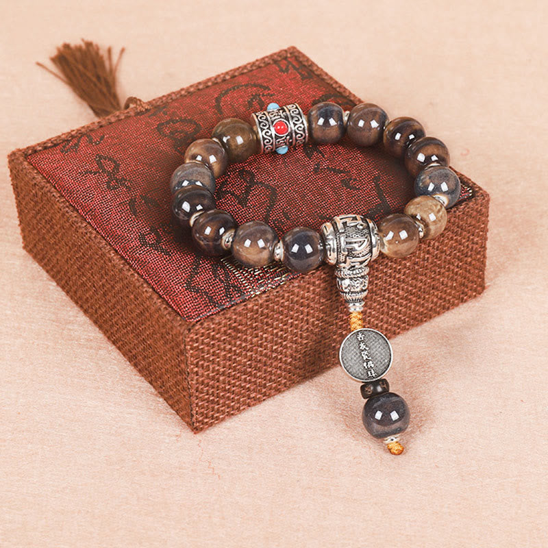 Buddha Stones Tibet Om Mani Padme Hum Prayer Wheel Dorje Vajra Engraved Glass Bead Wisdom Bracelet - Turquoise Om Mani Padme Hum - image 0