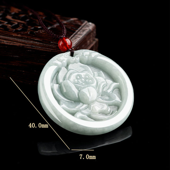 Buddha Stones Natural Jade Lotus Flower Carved Prosperity Necklace Pendant - image 9