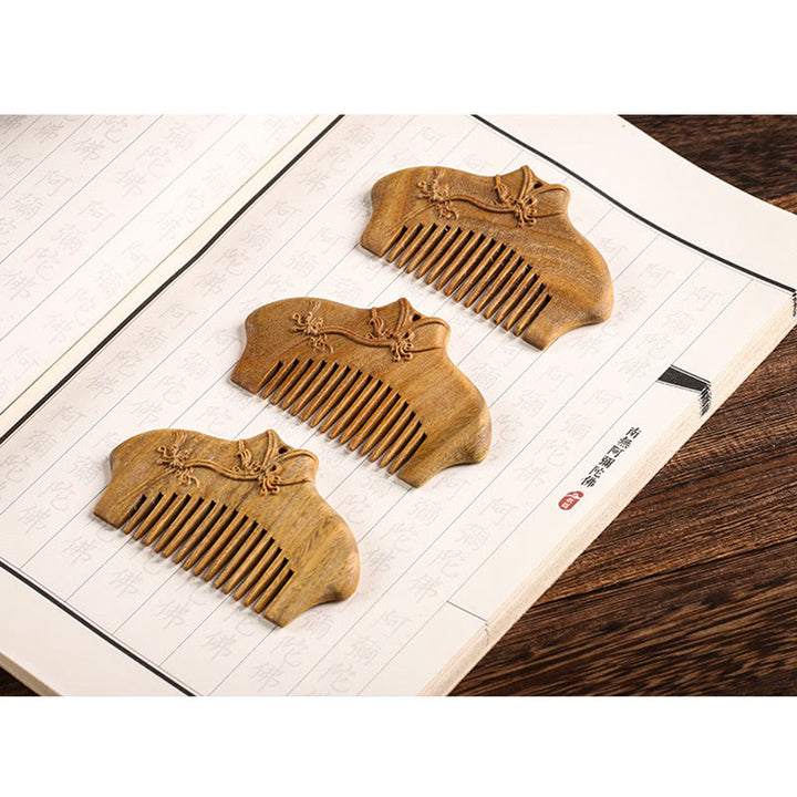 Buddha Stones Green Sandalwood Flower Pattern Engraved Soothing Comb - image 6