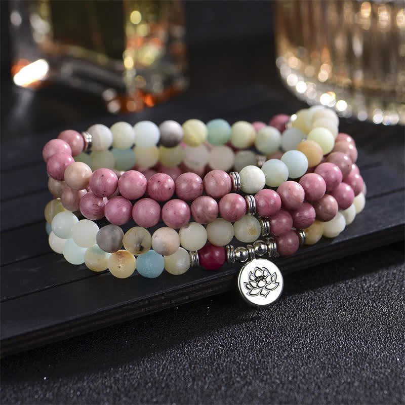 Buddha Stones Lazurite Picasso Jasper Amazonite Rhodonite Apatite Positive Lotus Prayer Bead Bracelet - Amazonite&Rhodonite - image 7