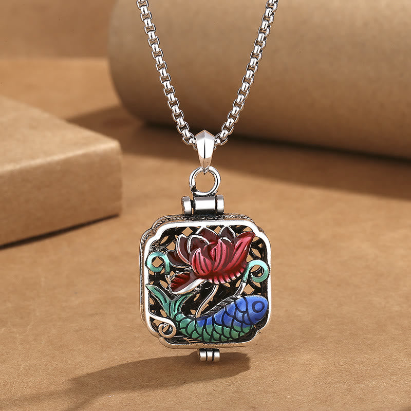 Buddha Stones Koi Fish Lotus Copper Coins Luck Ghau Prayer Box Necklace Pendant - image 1