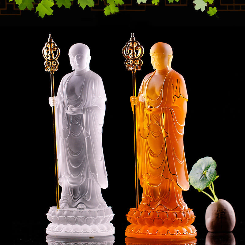 Buddha Stones Handmade Ksitigarbha Bodhisattva Figurine Liuli Crystal Art Piece Serenity Statue Home Decoration - image 0