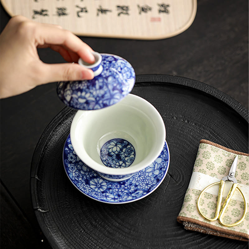 Buddha Stones Vintage Blue And White Porcelain Ceramic Gaiwan Sancai Teacup Kung Fu Tea Cup And Saucer With Lid - image 3