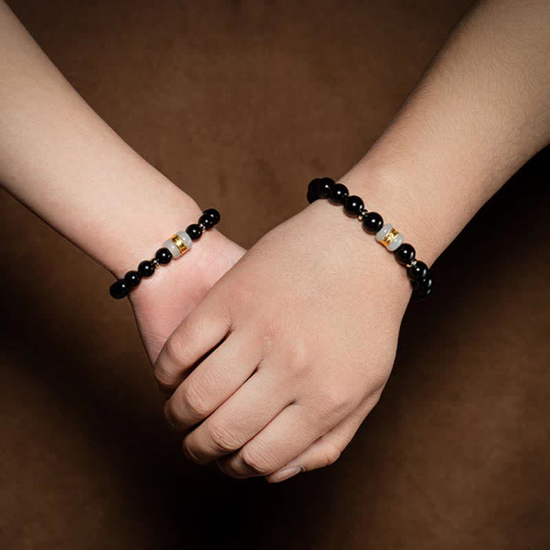 Buddha Stones Black Obsidian Jade Om Mani Padme Hum Strength Couple Magnetic Bracelet - image 11