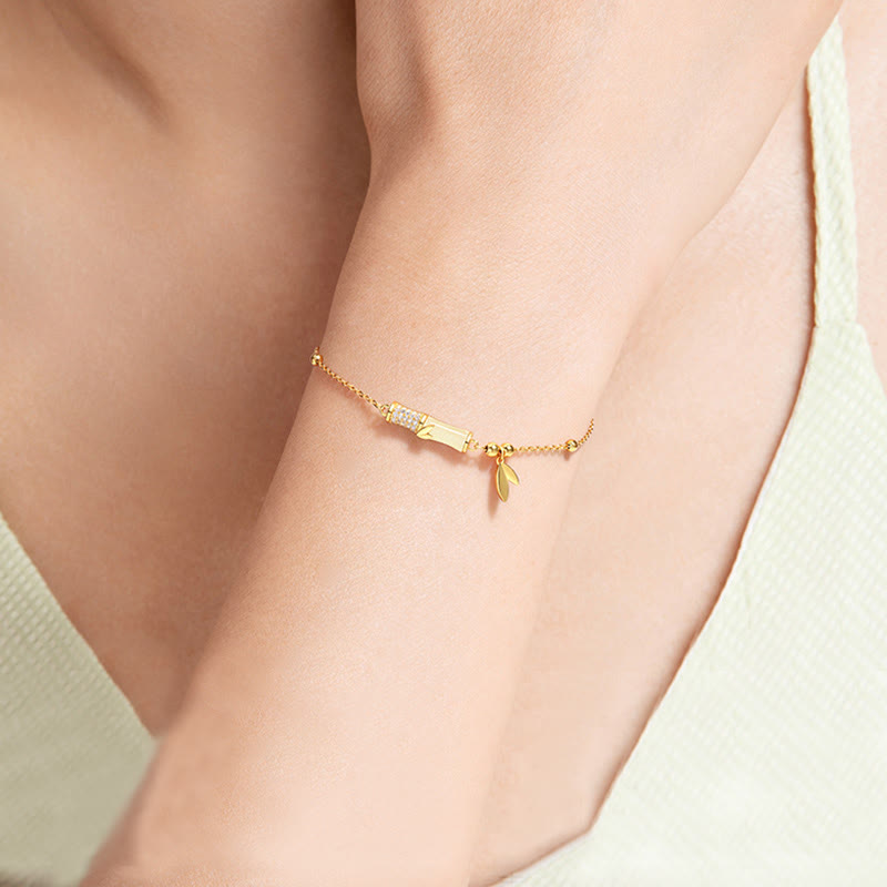 Buddha Stones 925 Sterling Silver 18K Gold Plated White Jade Bamboo Zircon Leaf Luck Bracelet - image 5