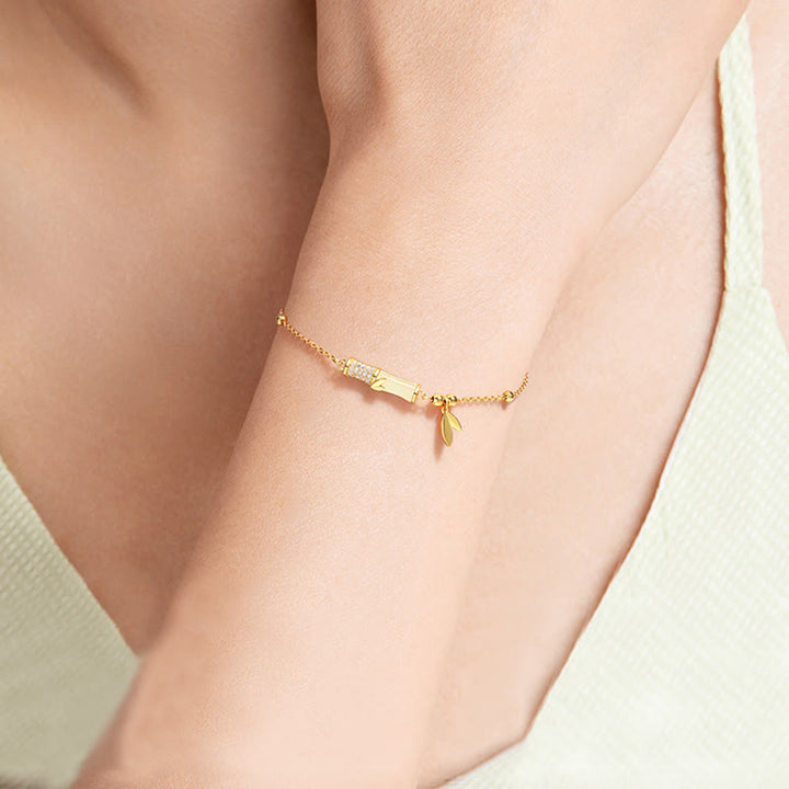 Buddha Stones 925 Sterling Silver 18K Gold Plated White Jade Bamboo Zircon Leaf Luck Bracelet - image 5