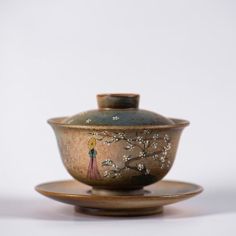 Buddha Stones Jingdezhen Hand Painted Ru Kiln Porcelain Hanfu Girl Flower Ceramic Gaiwan Sancai Teacup Kung Fu Tea Cup And Saucer With Lid - image 6