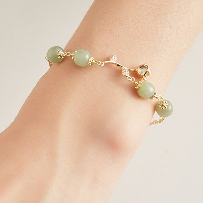 Buddha Stones 14K Gold Plated Hetian Jade Golden Rose Flower Luck Chain Bracelet - image 10