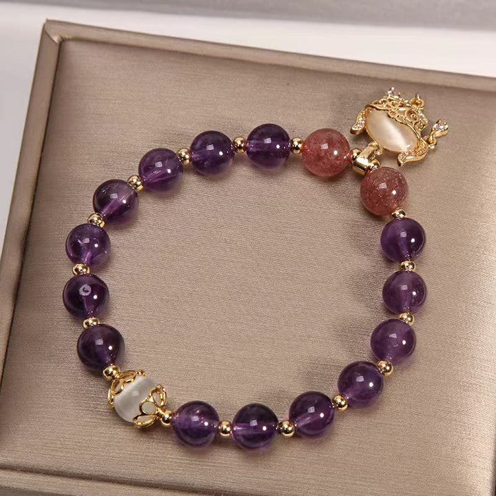 Buddha Stones Natural Amethyst Strawberry Quartz Cat Eye Chinese Lock Charm Healing Bracelet - image 1