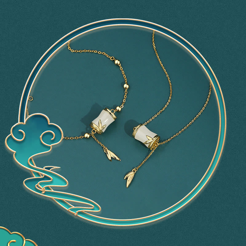 Buddha Stones 925 Sterling Silver 22K Gold Hetian White Jade Bamboo Leaf Luck Necklace Pendant Bracelet - image 7