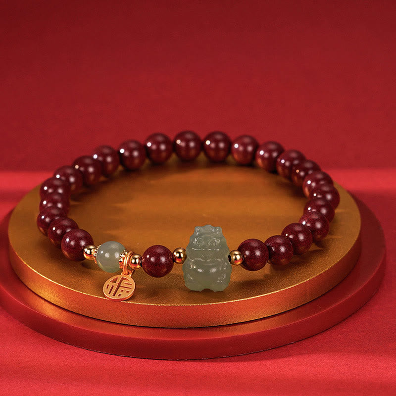 Buddha Stones 925 Sterling Silver Year of the Dragon Natural Cinnabar Hetian Jade Dragon Fu Character Ruyi As One Wishes Charm Blessing Bracelet - Cinnabar(Wrist Circumference 14-16cm) - Fu Character Charm - image 7
