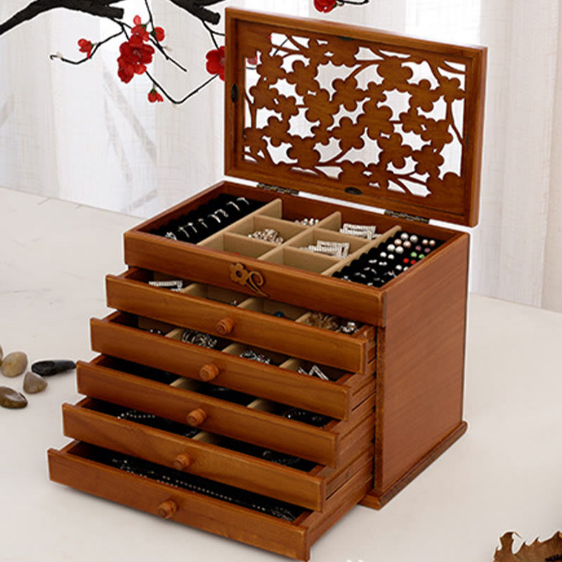 Buddha Stones Vintage Plum Blossom Carved Wooden Jewelry Box Six-Layer Jewelry Storage Box - image 15