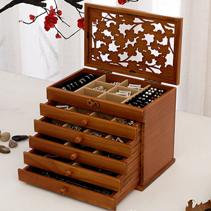 Buddha Stones Vintage Plum Blossom Carved Wooden Jewelry Box Six-Layer Jewelry Storage Box - image 15