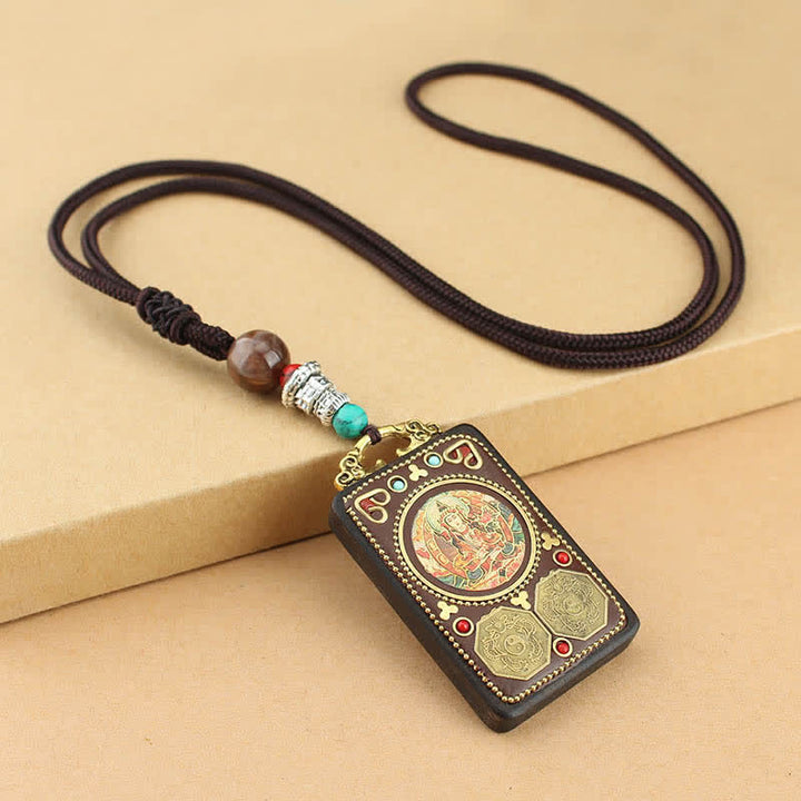 Buddha Stones Tibet God of Wealth Thangka Ebony Peace Necklace Pendant - Manjushri Thangka - image 3