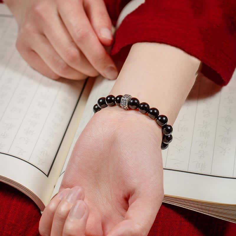 Buddha Stones Chinese Zodiac Natal Buddha 925 Sterling Silver Black Obsidian Moonstone Strength Bracelet - image 6