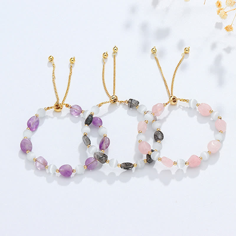 Buddha Stones Amethyst Pink Crystal Black Rutilated Quartz Spiritual Awareness Bracelet - image 9